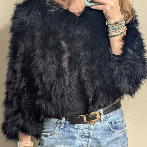 Alex Evenings Vintage Cropped Ostrich Feather Jacket Fluffy Teddy Jacket - Picture 9 of 10